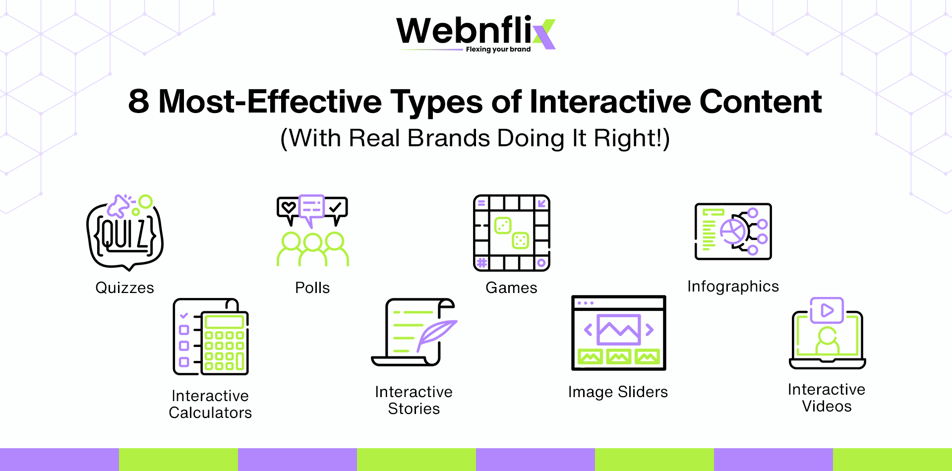 Webnflix graphic showing 8 types of interactive content like quizzes, polls, and videos.